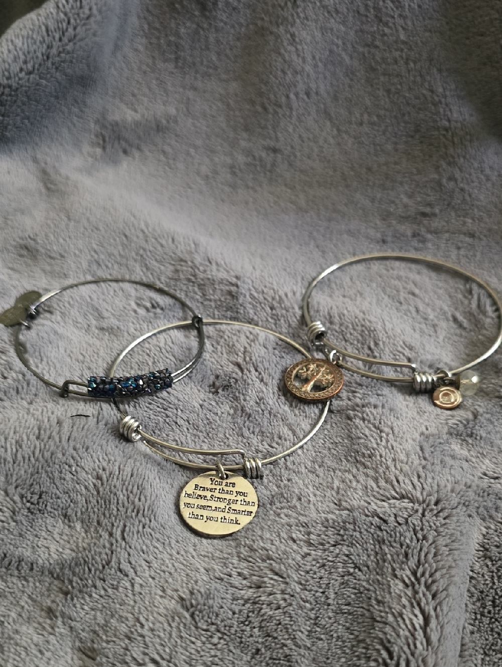 3 Bracelets - Silver Inspirational Charm Bangle Bracelet with Blue Accent